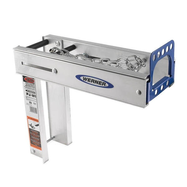 Werner PJ-WB Aluminum Pump-Jack Work Bench Holder scaffold attachment, silver and blue color.