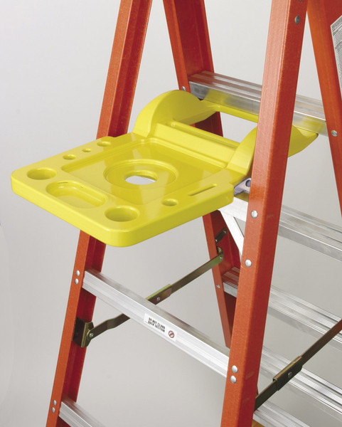 Werner PK76-3 76-2 Stepladder Pail Shelf, orange ladder with yellow plastic shelf, Werner brand.