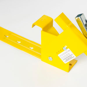 Acro 12069 Steep Pitch Guardrail Bracket, yellow, for pitched roof guardrail, Acro brand, sturdy metal construction.
