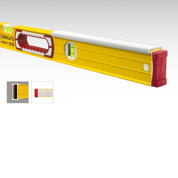 Stabila 364XX Type 196-2 K yellow masonry level tool with red accents and white top rail.