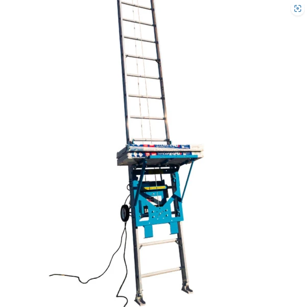 Safety Hoist EH-500 electric material hoist with 28ft platform and 500lb capacity, blue and black.