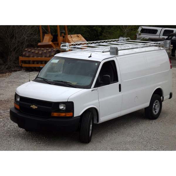 Topper #456505 14' Knocked-Down Van Rack for Chevy Express/GMC Savana, easy assembly, white color.