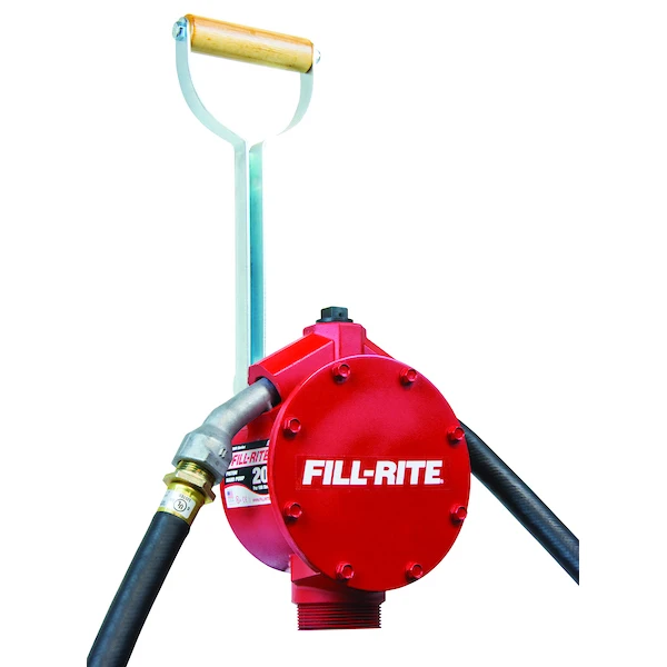 Fill-Rite FR152 Piston Hand Pump with Steel Telescoping Tube and red nozzle spout.