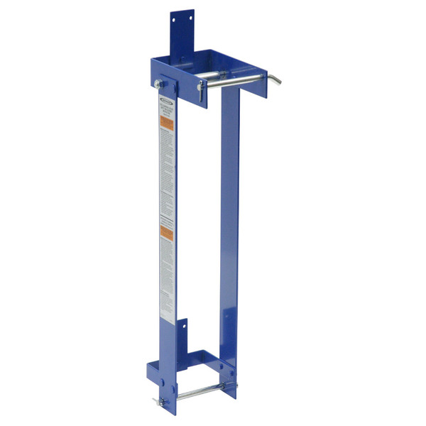 Werner SPJ-GRH Steel Guardrail Holder, blue in color, with safety labels on the side rail.