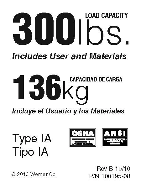 Werner Parts 100195-08 load capacity label with 300# rating by Werner Parts.