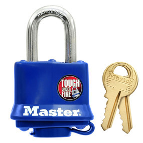 Master Lock 312KA blue covered laminated steel pin tumbler padlock with keys, 1-9/16in wide.