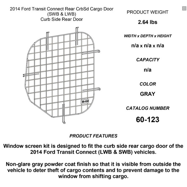 Adrian #60-123 Gray Rear Door Screen, 18.3w x 20.3h, for Transit Connect Passenger Side.