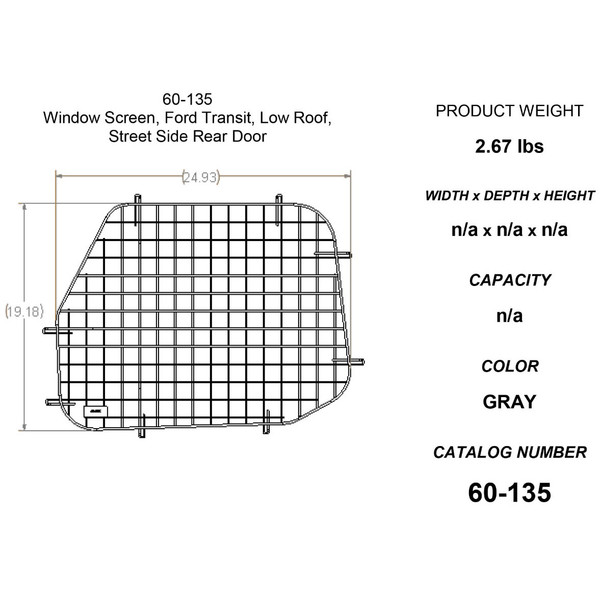 Adrian Steel #60-135 Driver Side Rear Door Security Screen, 25w x 23.2h x 0.7d, Gray, Transit Low Roof