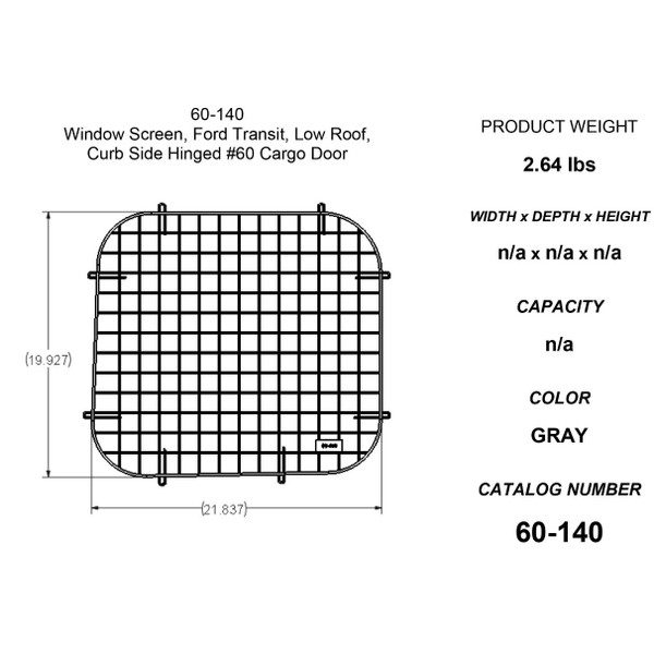 Adrian Steel #60-140 Passenger Side Door Security Screen, 60 Door, 21.9w x 20h x 1d, Gray, Transit Low Roof