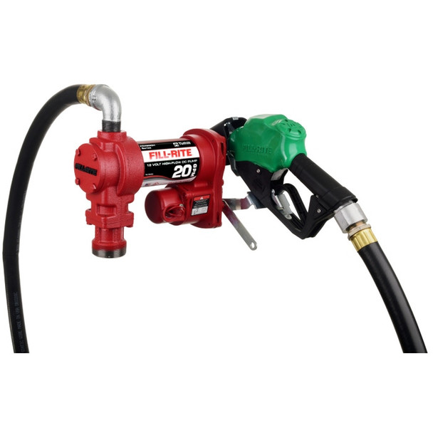 Fill-Rite FR4210HD 20 GPM, 12V DC High Flow Pump, 1" x 12' Hose, 1" Automatic Diesel Nozzle (Green Boot), 5' Ground Wire, 18' 12 Gauge 2 Wire Battery Cable, Telescoping Steel Suction Pipe (20" to 34½")