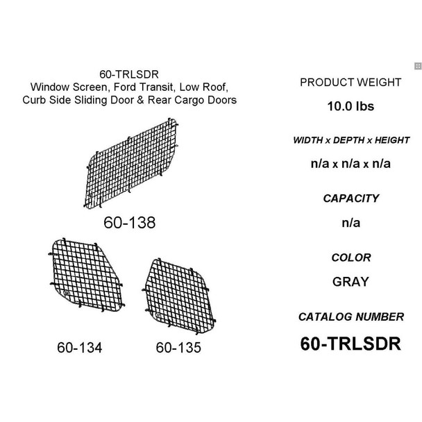 Adrian Steel #60-TRLSDR Passenger Side Sliding & Rear Doors Security Screen Kit, Gray, Transit Low Roof