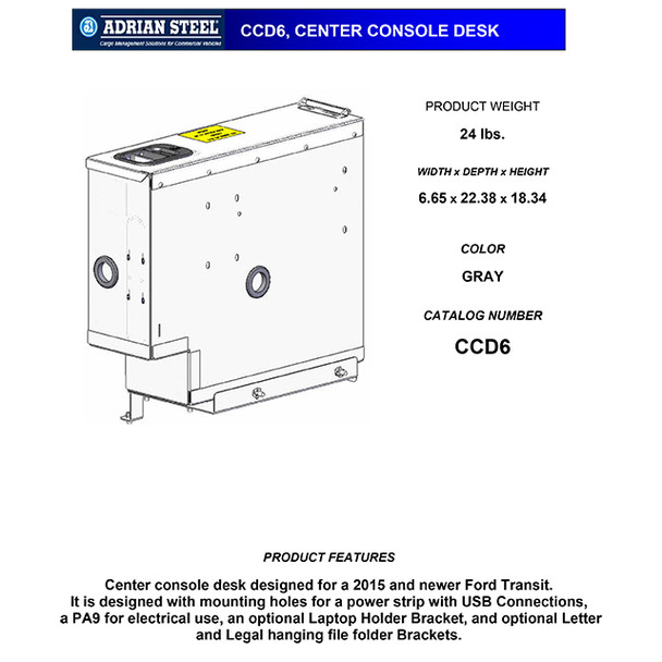 Adrian Steel #CCD6 Center Console, 6", 6.7w x 18.4h x 22.4d, Gray