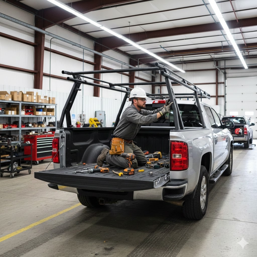 Photo of a man in hardhart working on truck rack installation