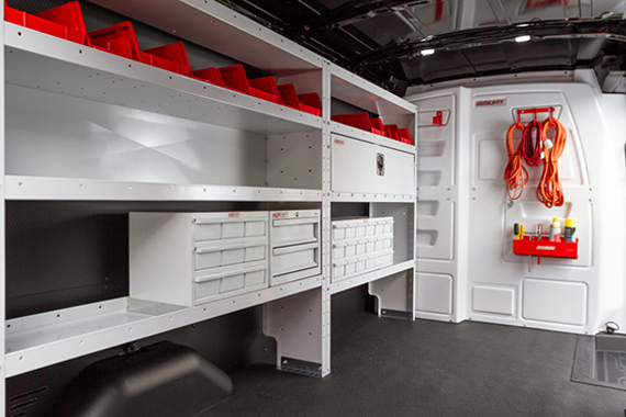 Photo of an interior of a work van with Weather Guard shelving