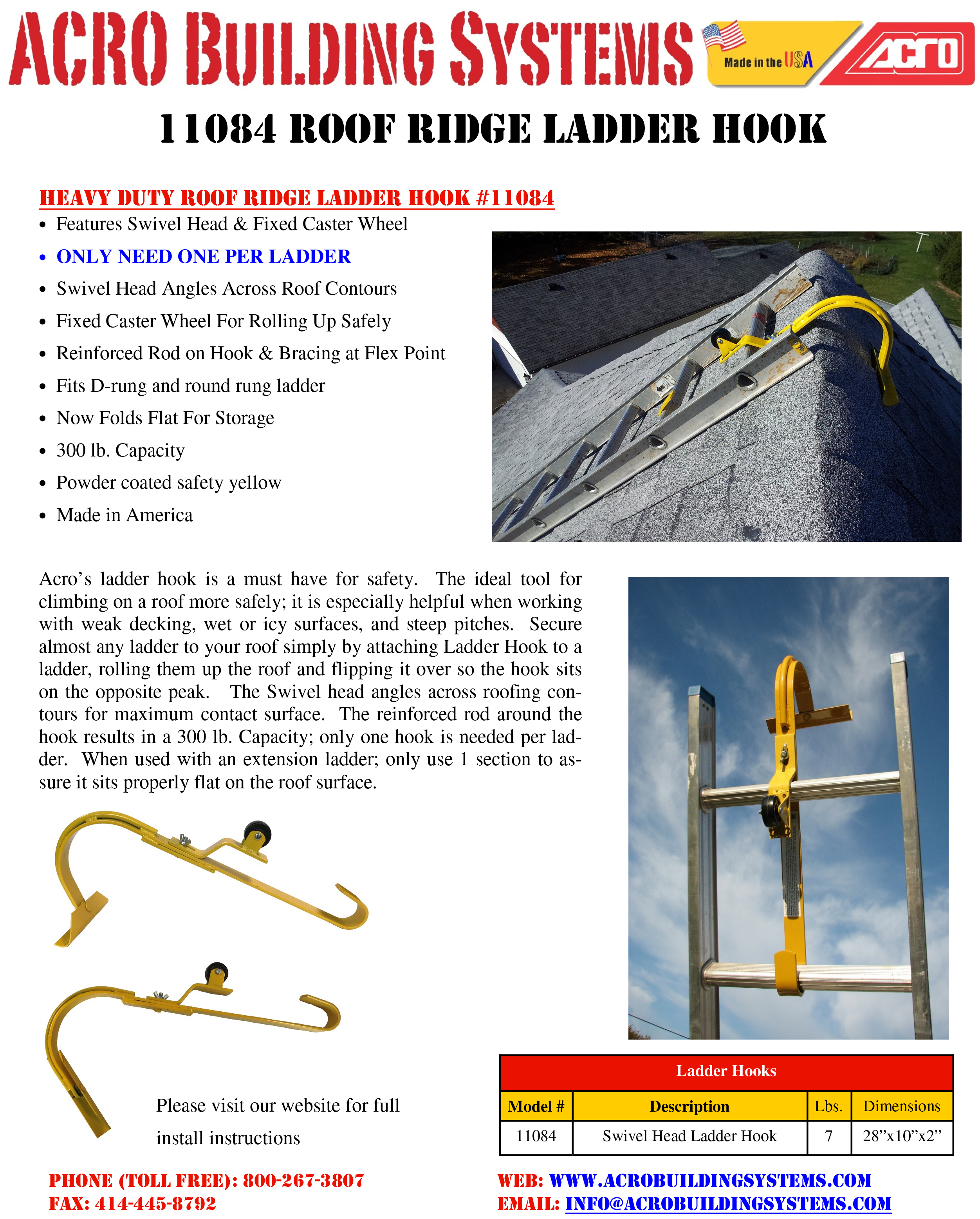 Acro 11084 Heavy Duty Roof Ridge Ladder Hook with fixed Wheel