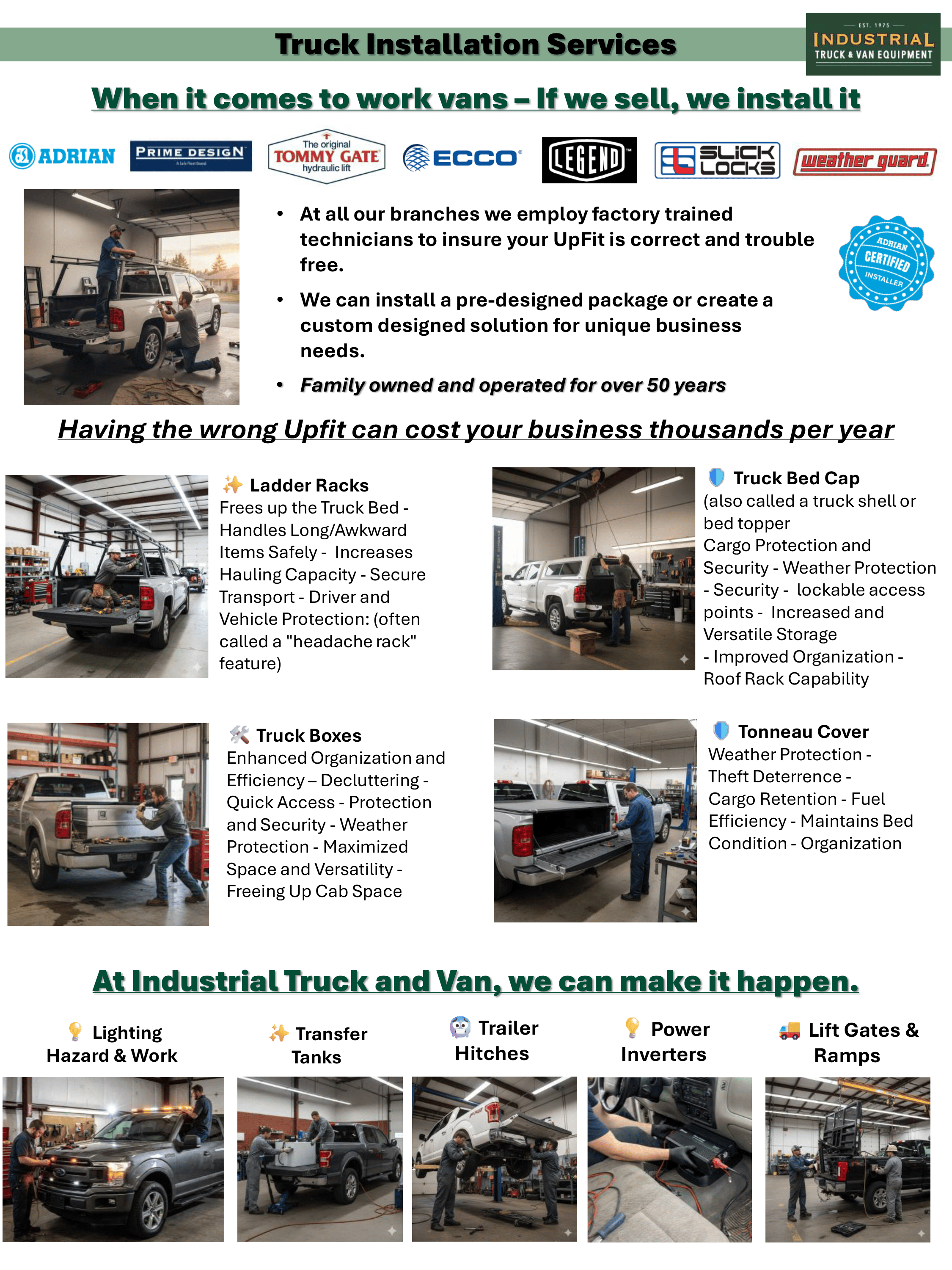 A sell sheet of truck upfitting services with photos