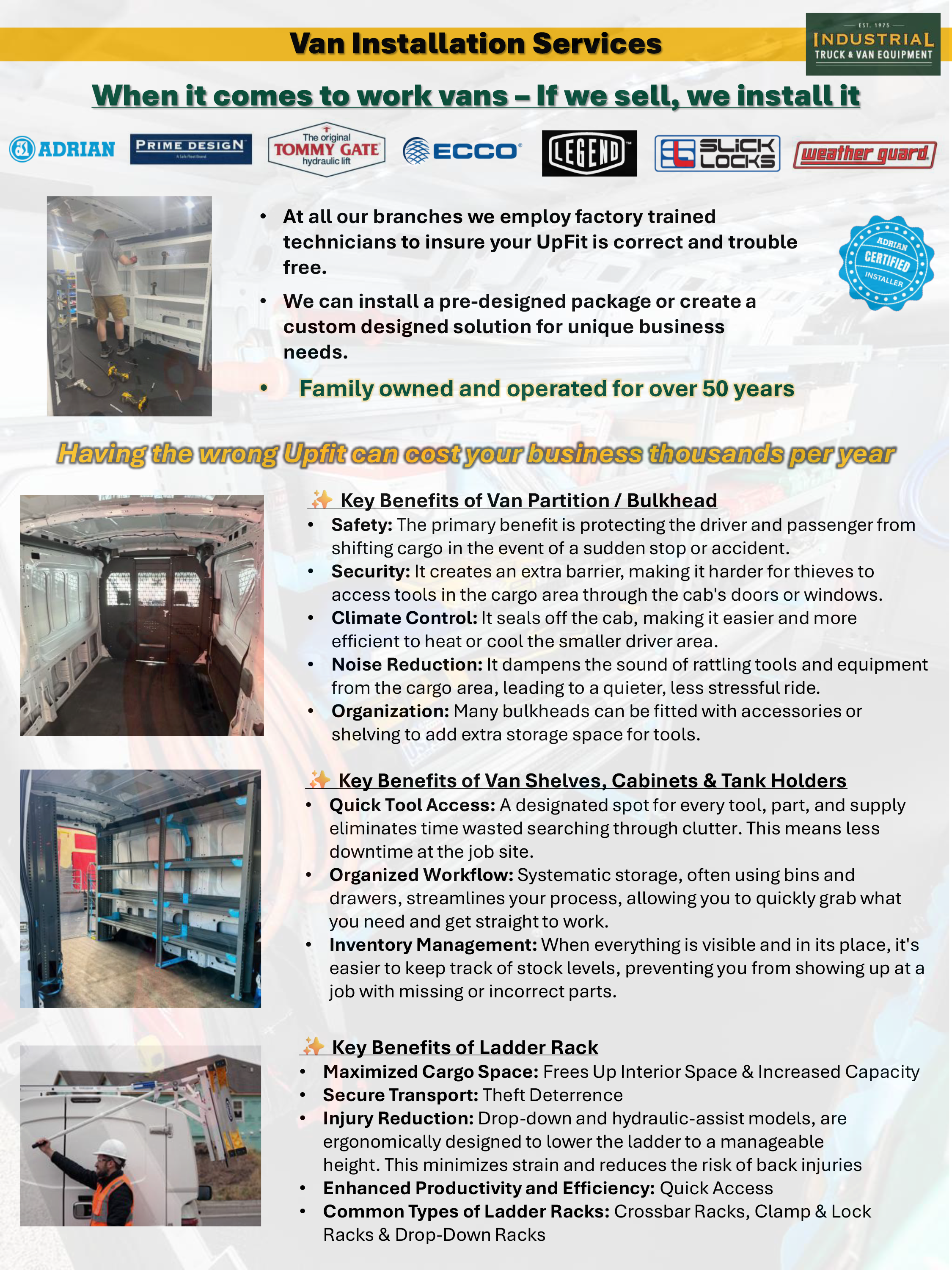 Sell sheet of van installation services from Industrial Truck & Van with photos