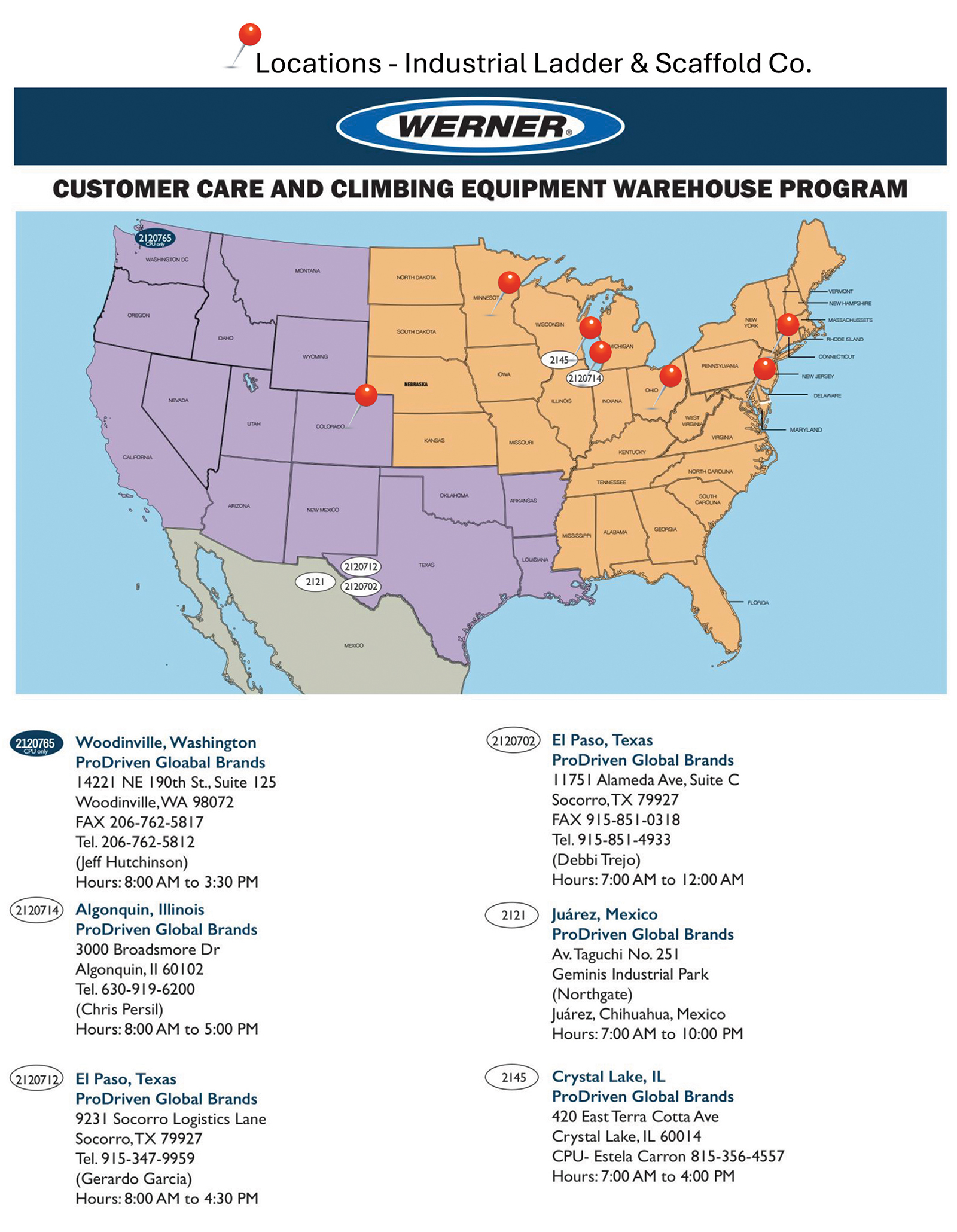 Map of Industrial Ladder Locations and Werner Warehouse Locations for pickup