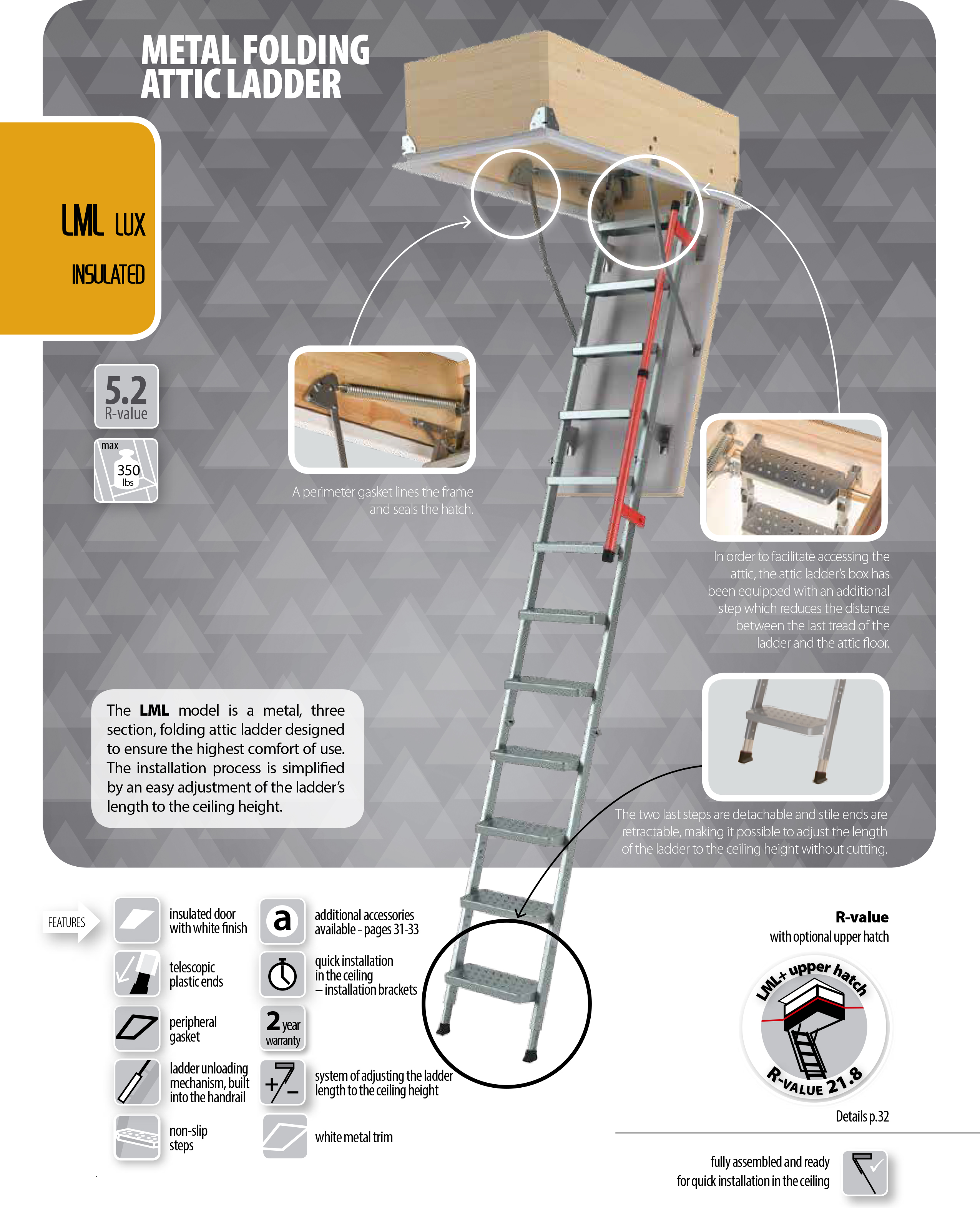 Fakro 862411 LML Luxury Metal Attic Ladder, 27.5 x 47 Opening, 7'7 -  9'2 Ceiling Height, Insulated