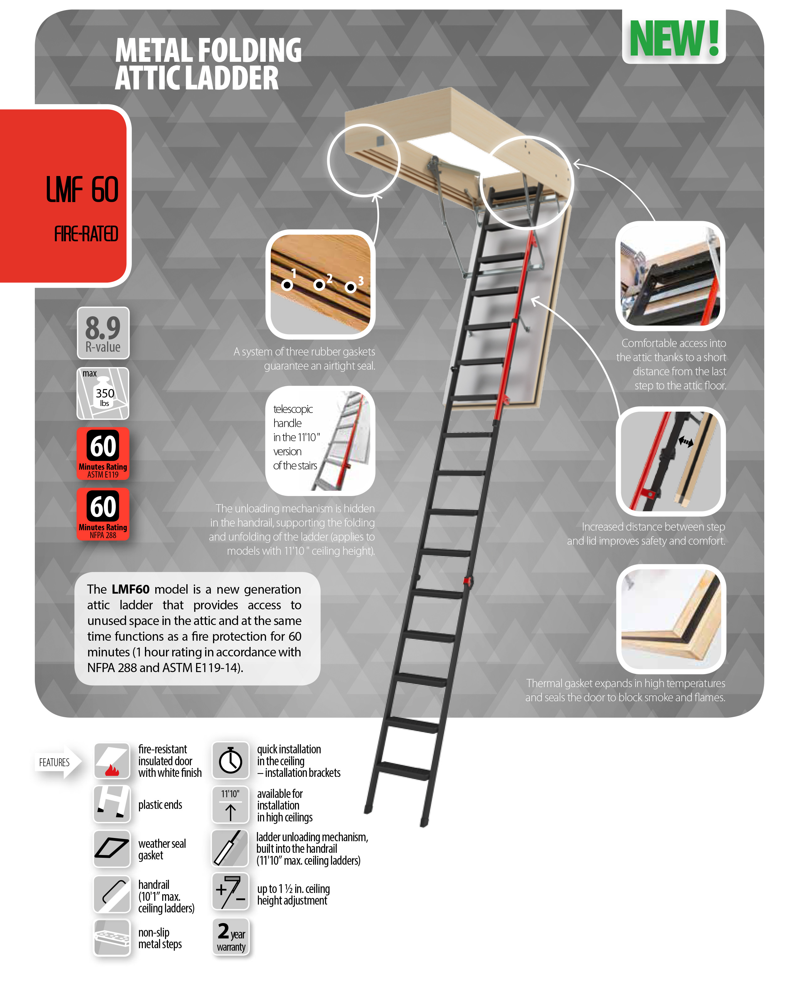 Fakro LMF 30 x 54 Fire Rated 60 Min Metal Attic Ladder