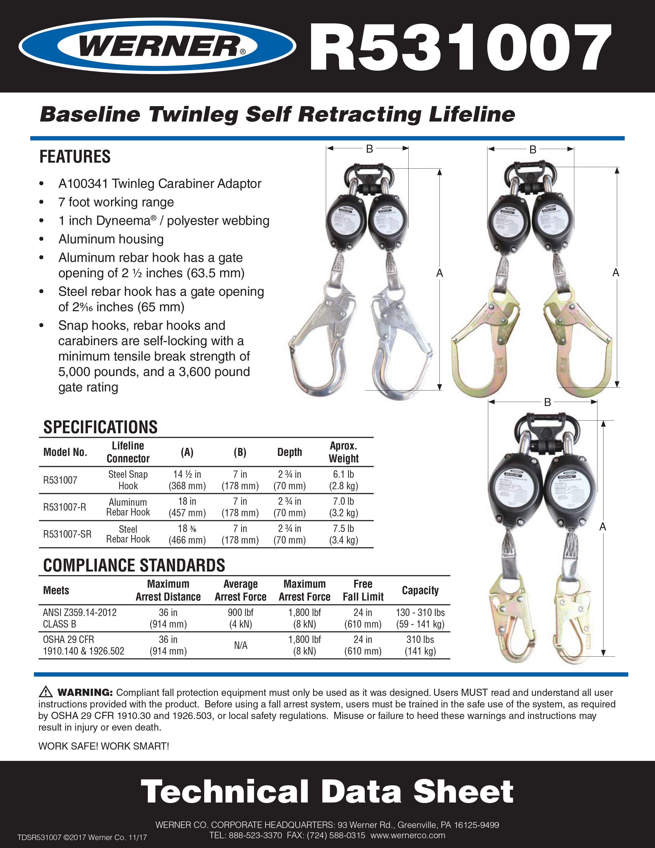 7' Lightweight Dual Leg Web Retractable with Aluminum Rebar Hooks