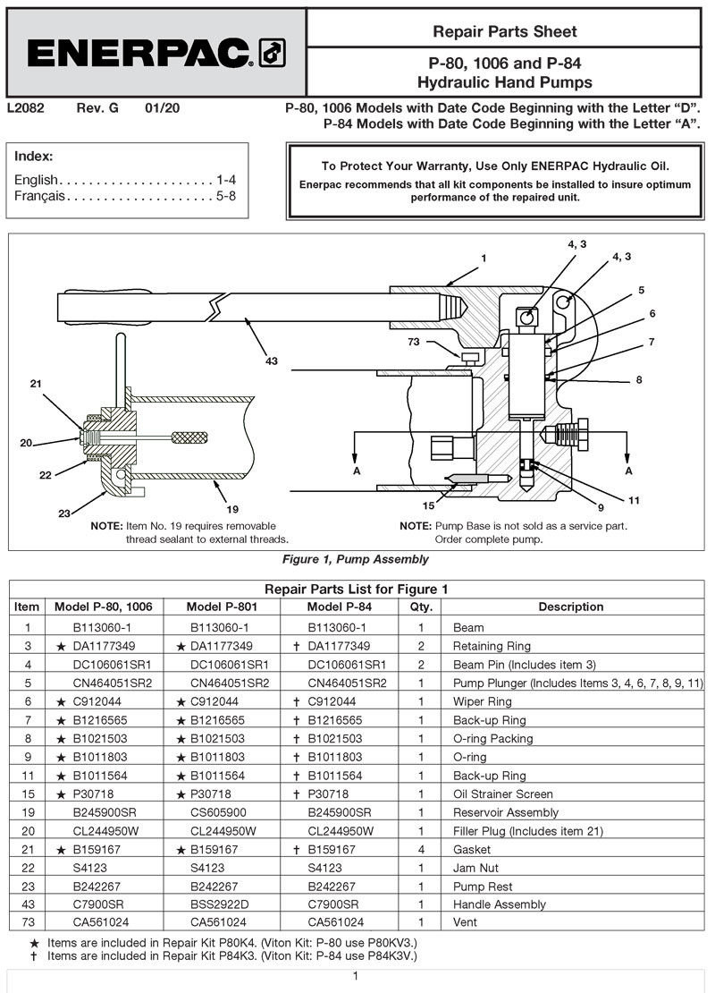 Enerpac P80K4 Repair Kit Hydraulic Pump Repair Parts