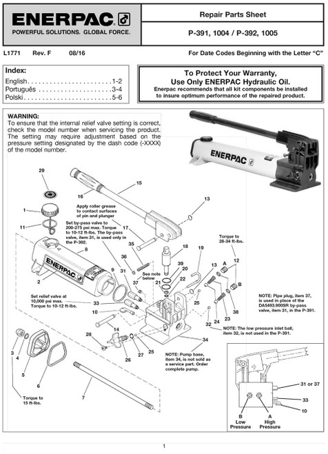 P391K2 Enerpac Repair Kit for P392 Hydraulic Hand Pump