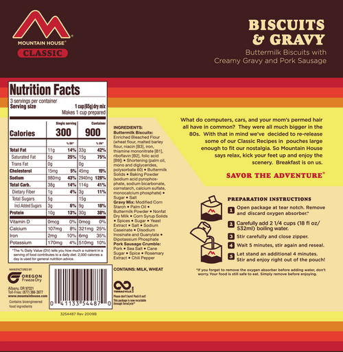 Nutrition Facts - Mountain House CLASSIC Biscuits and Gravy Pouch