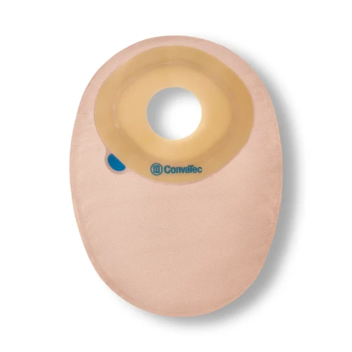 Esteem®+ One-Piece Closed-End Pouch with Modified Stomahesive® Pre-Cut Skin Barrier and Filter. Transparent with 1-sided comfort panel, no tape collar. Pouch length: 20.3 cm (8"). 30 filter covers per box.