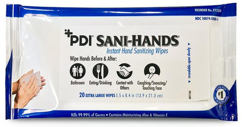 NPKP71520H Sani-Hands Pre-Moistened Instant Hand Sanitizing Wipes, 70% Ethyl Alcohol, 5.5'' x 8.4'' Bedside Pack, 20 Wipes/Box