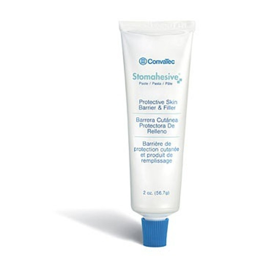 Stomahesive ostomy paste, 183910 comes in a 2 ounce tube and sold by the each.  It is a very common ostomy accessory and used to fill in minor divots and uneven skin areas around the stoma to create a smooth and flat ostomy pouch application surface.