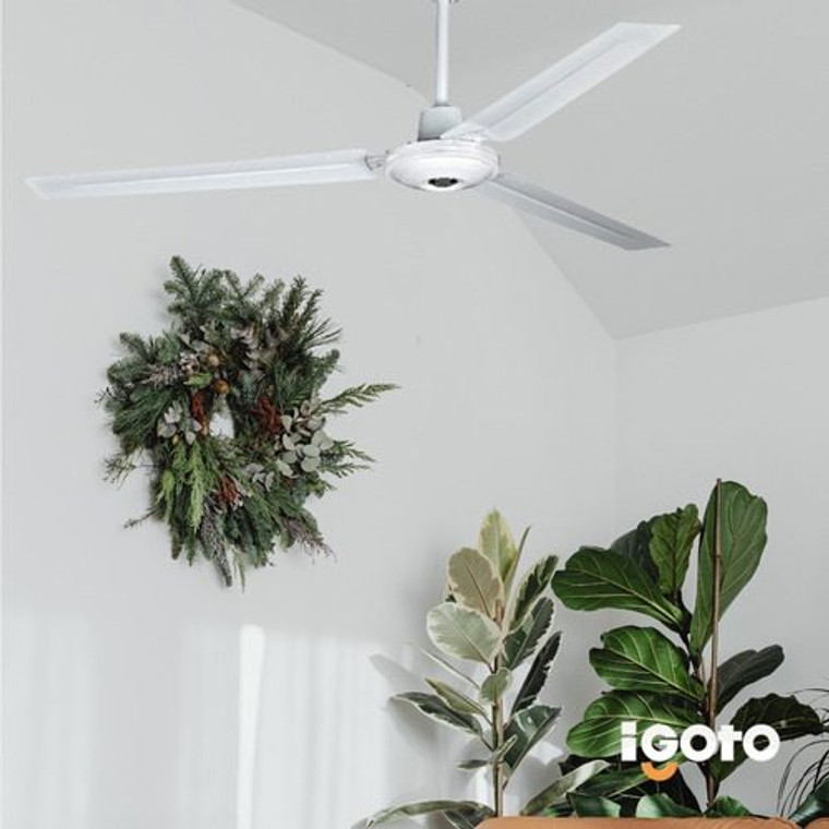 Imagen de un ventilador de techo IGOTO modelo V56-70W en color negro, destacando su diseño elegante y sus 3 aspas metálicas robustas, adecuado para espacios residenciales, comerciales e industriales.