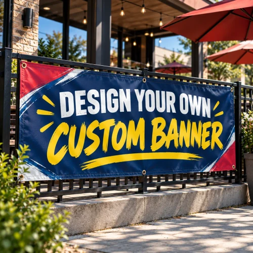 Custom vinyl banner with bold Design Your Own Custom Banner lettering, displayed on an outdoor restaurant patio railing with metal grommets