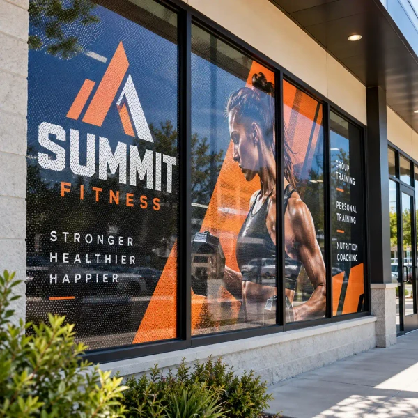 Perforated window graphics on a gym storefront showing an athlete photo and the fitness services offered
