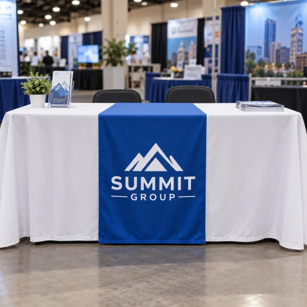 Blue custom table runner with business logo on a trade show booth table