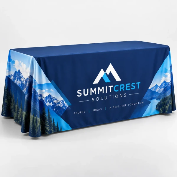 Custom printed table throw with full color business logo and mountain graphics