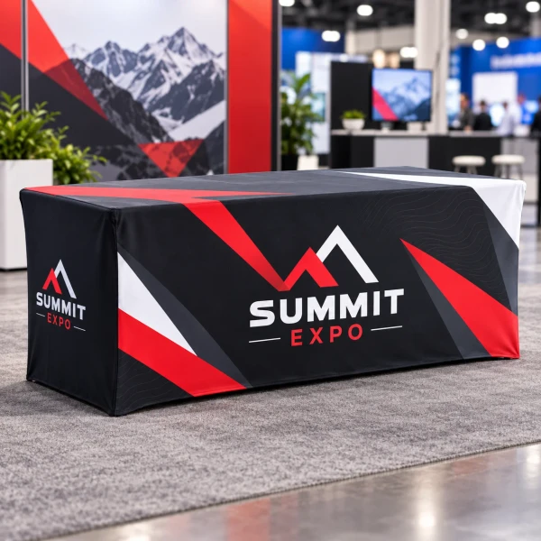 Black custom fitted table throw with Summit Expo logo at a trade show