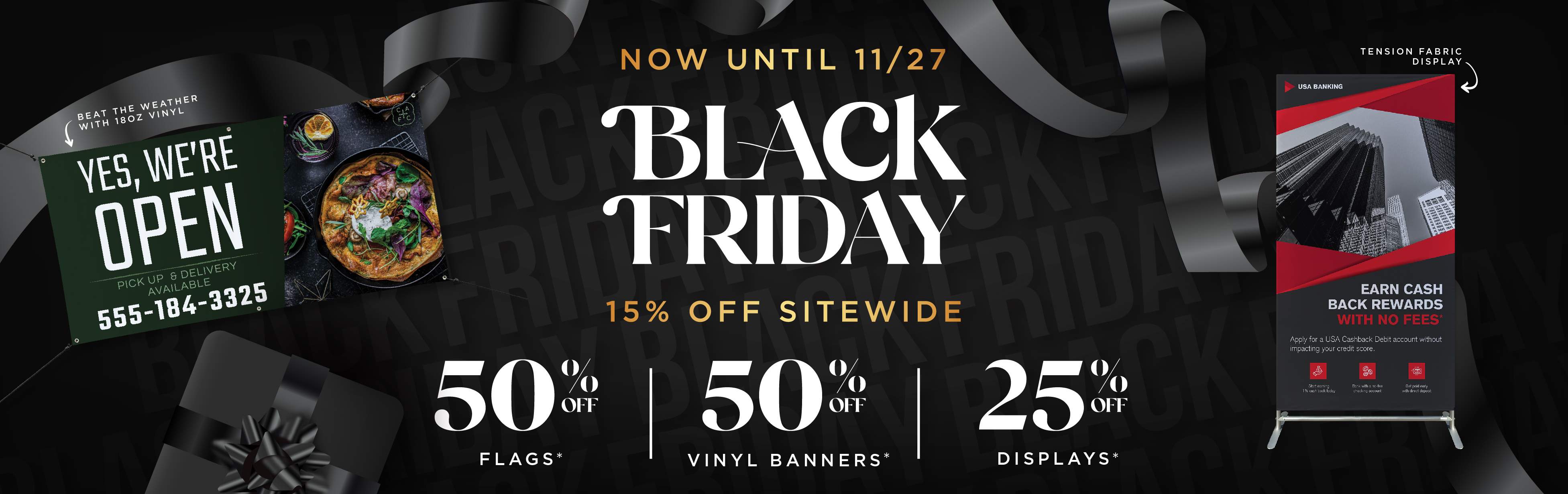 Black Friday Sale Banner with 50% Off site wide, 50% off Sitewide, customizable banners custom flags, custom signs, on sale, for tech-savvy women and small business owners looking for personalized promotional materials