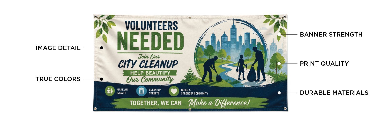 Volunteer city cleanup banner highlighting image detail, true colors, banner strength, print quality, and durable materials.