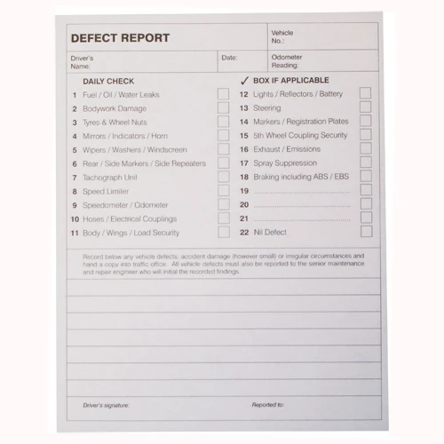 History Defect Record Form Defect Book (50 Page) -tachographs