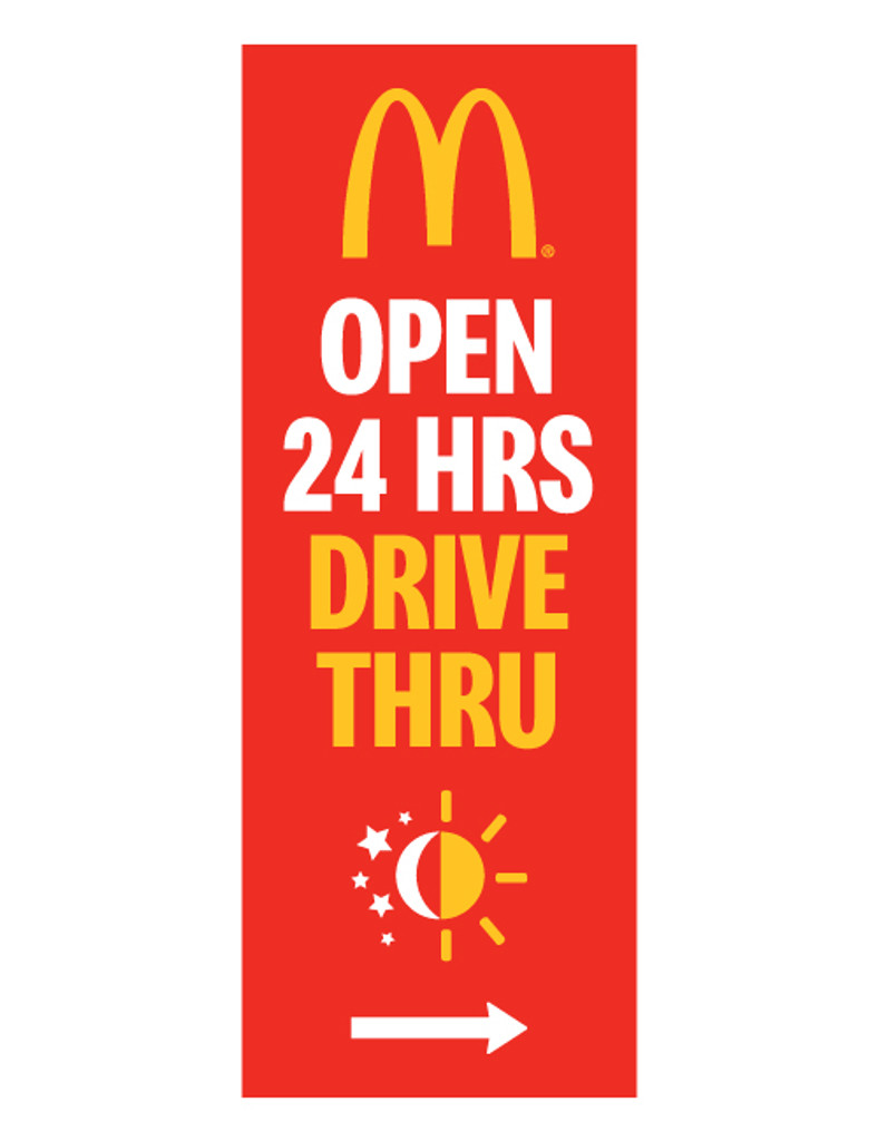McDonald's 3'x8' Lamppost Banner "Open 24 Hrs Drive Thru" Red (Arrow)