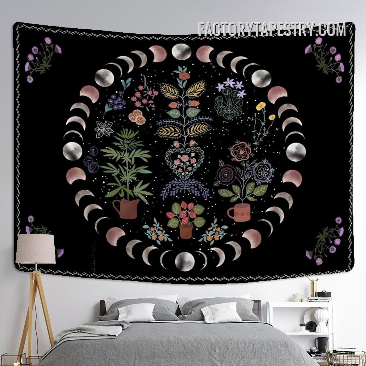 Botanical Moon Phases II Bohemian Wall Art Tapestry