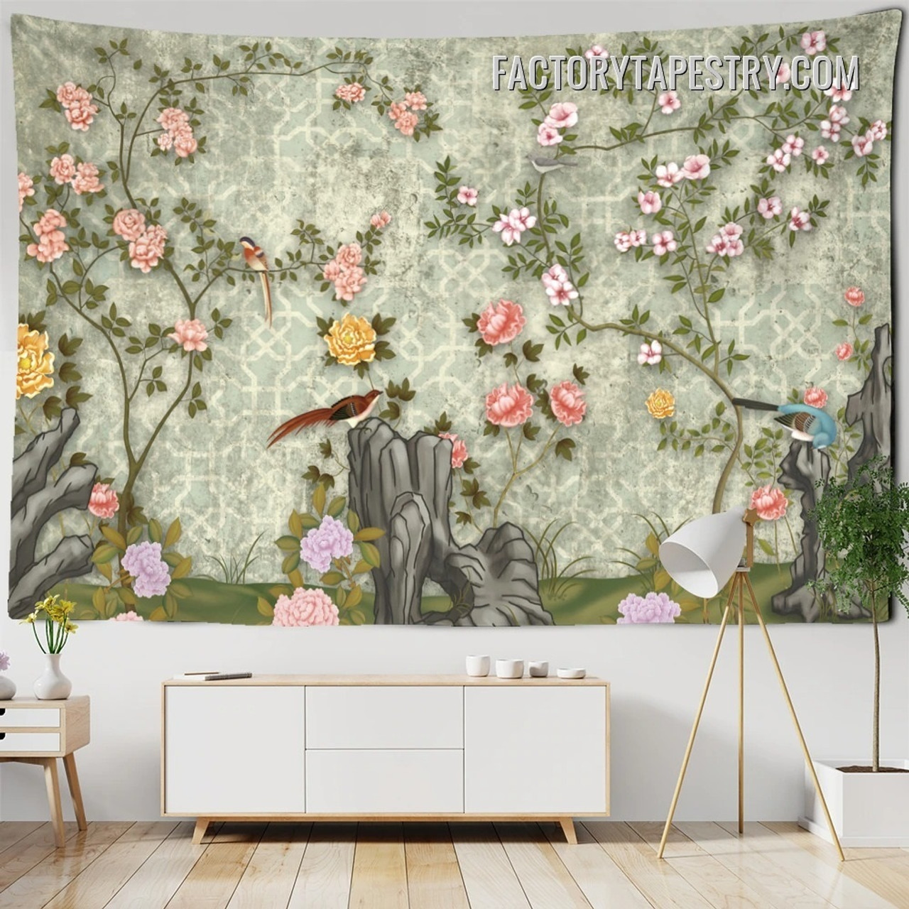 Birds and Flowers VI Floral Retro Wall Decor Tapestry