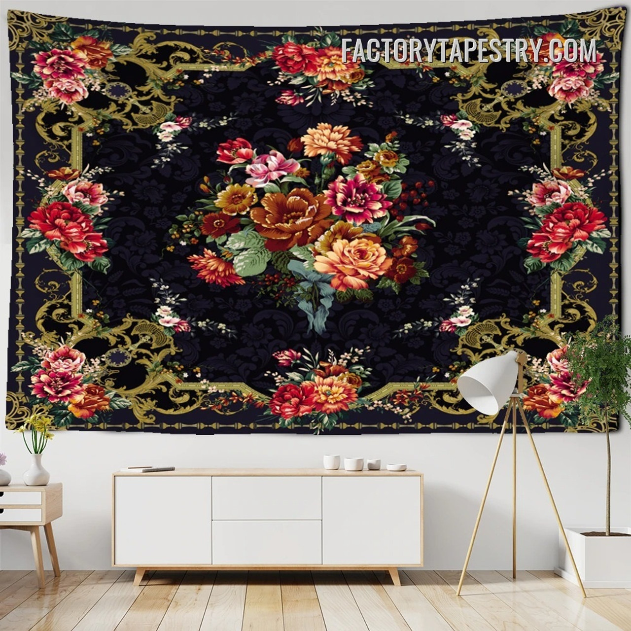 Decorative Border Flowers Medieval Gothic Renaissance Style Vintage Wall Art Tapestry for Bedroom