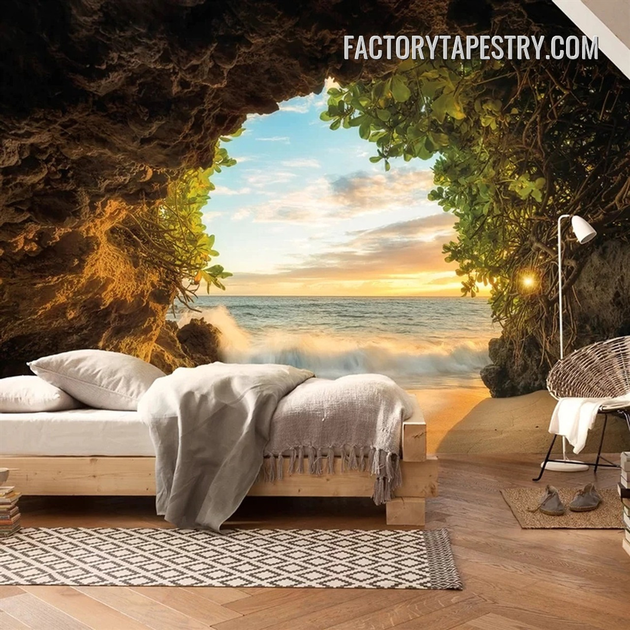 Stone Cave Sea Nature Landscape Modern Wall Decor Tapestry for Living Room Decoration