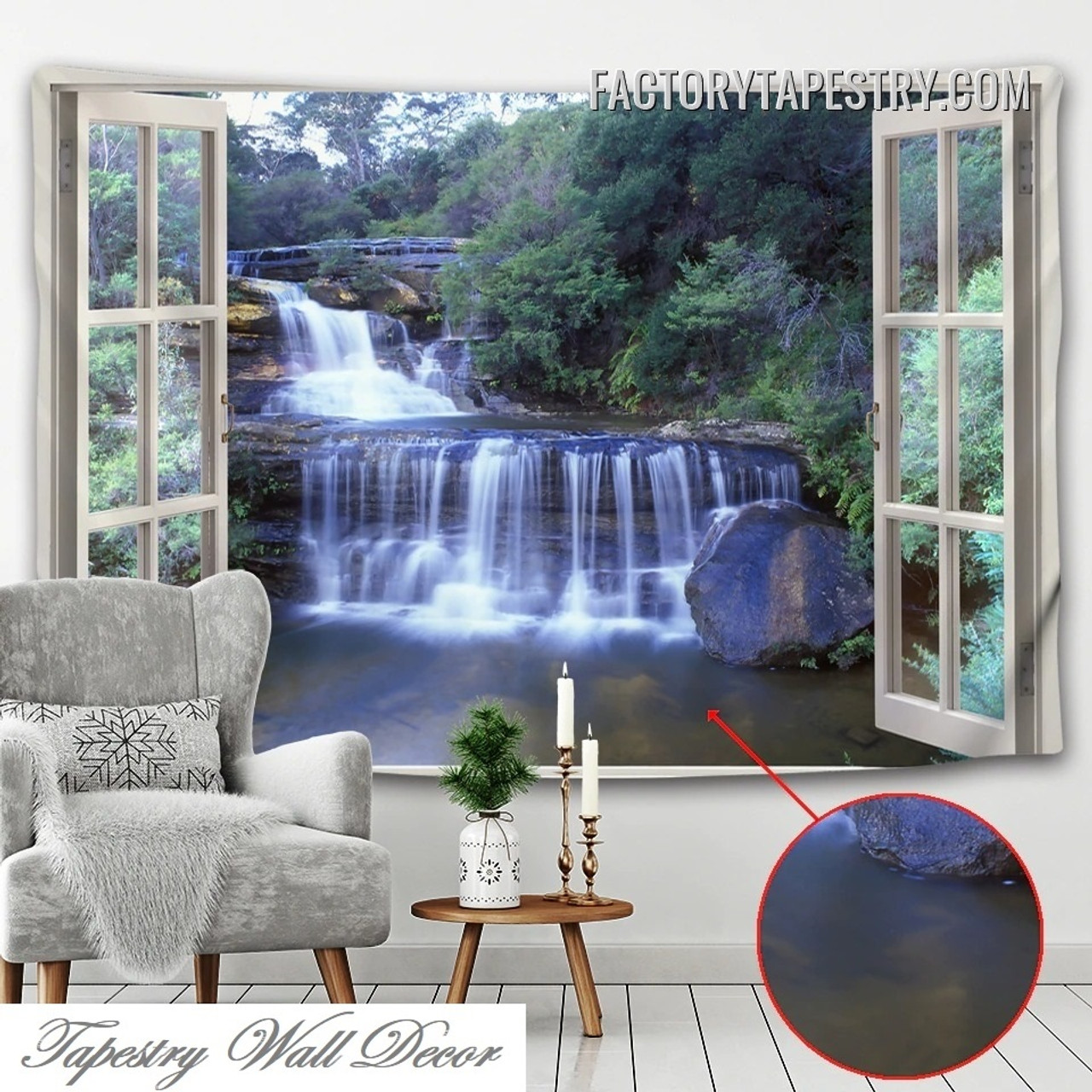 Window Waterfall Nature Landscape Modern Wall Art Tapestry for Home Décor