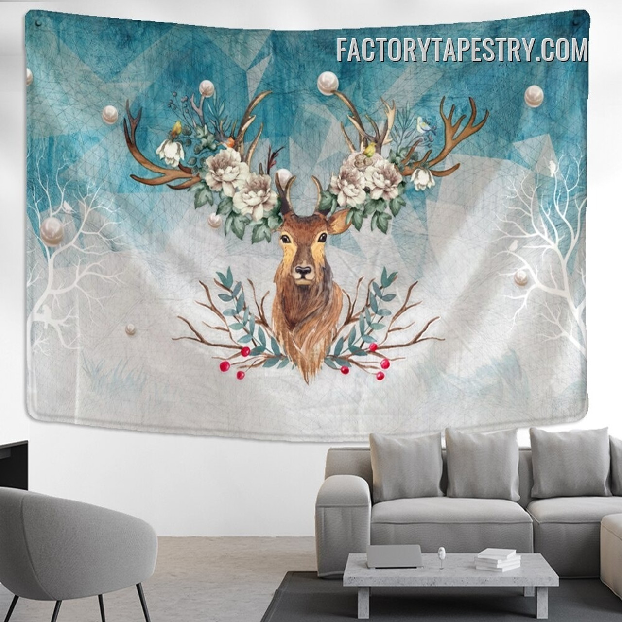 Floral Head Deer Modern Animal Wall Hanging Tapestry for Room Decoration