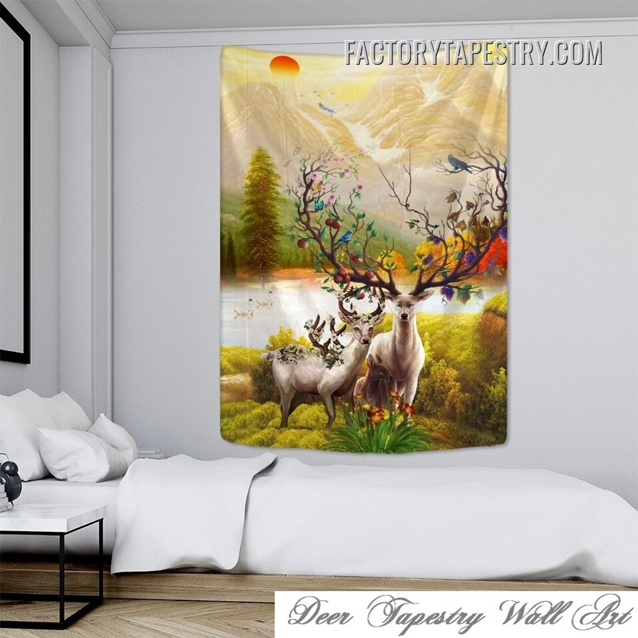 Wonderland Sika Deer Forest Nature Landscape Modern Animal Wall Hanging Tapestry for Bedroom Dorm Home Decoration