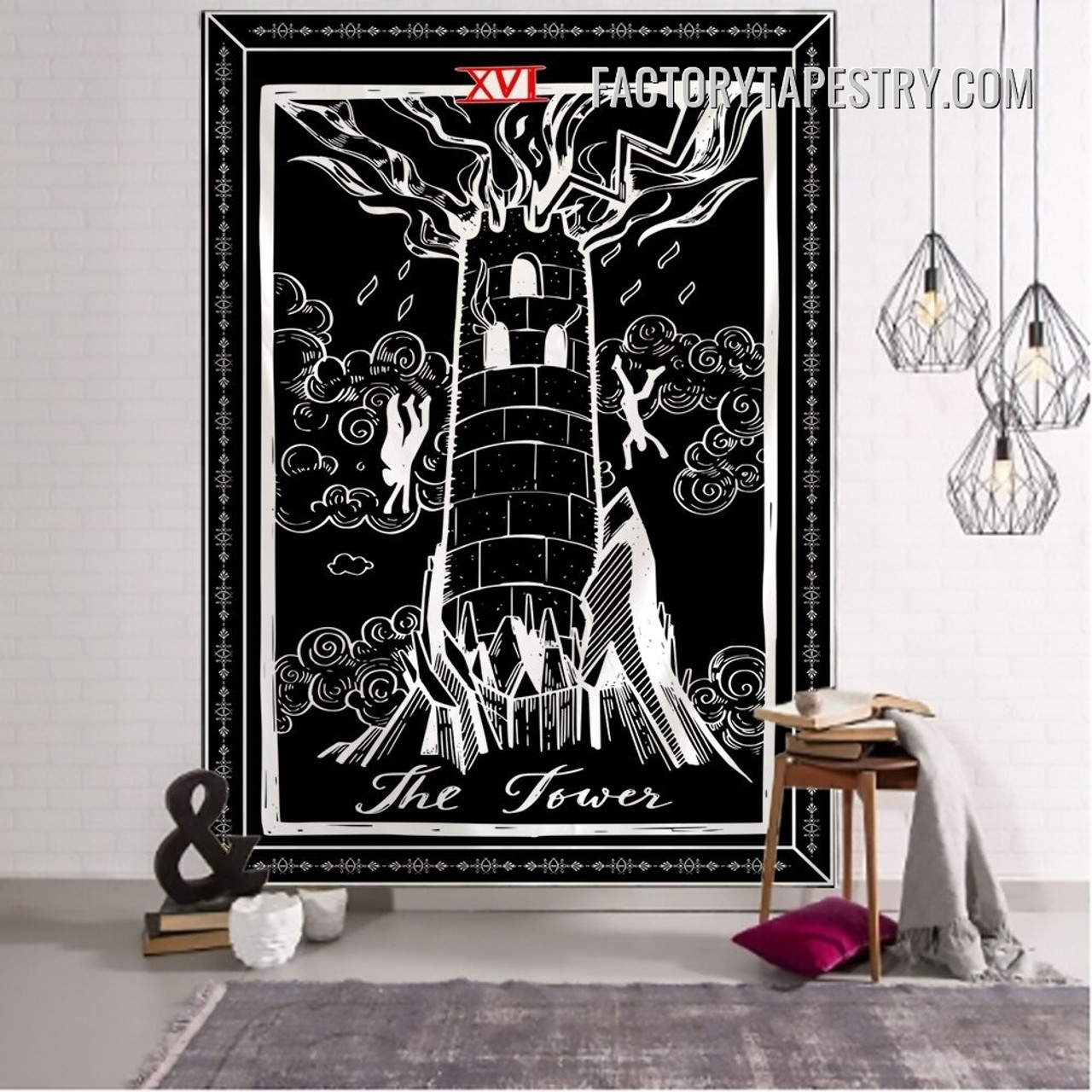 The Tower II Black and White Bohemian Witchcraft Tarot Wall Hanging Tapestry