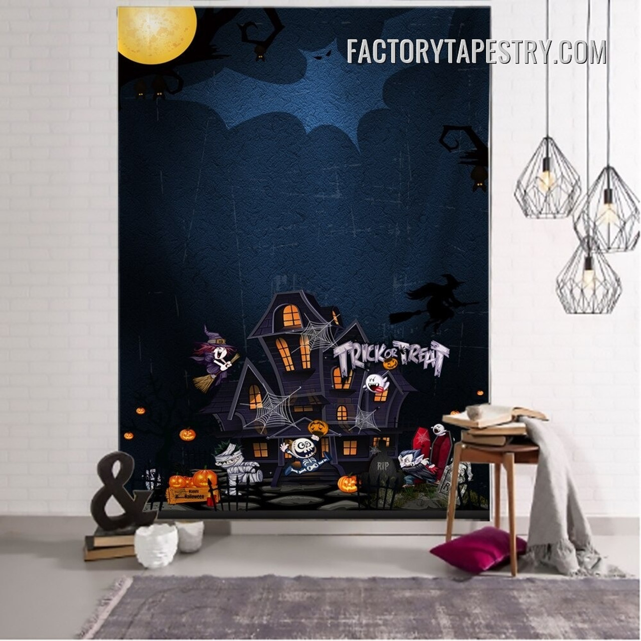 Haunted House Pumpkin Halloween Fantasy Modern Wall Art Tapestry for Room Decoration